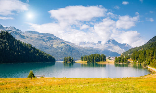 gran vista de la laguna azul champfer en valle alpino. ubicación suiza alpes, pueblo de silvaplana, europa. - champfer fotografías e imágenes de stock