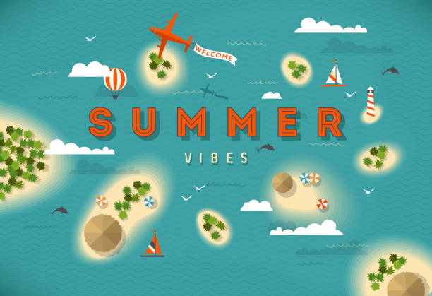 Summer beach top view islands illustration EPS 10 summer beach top view islands illustration tropical beach and clouds scene stock illustrations
