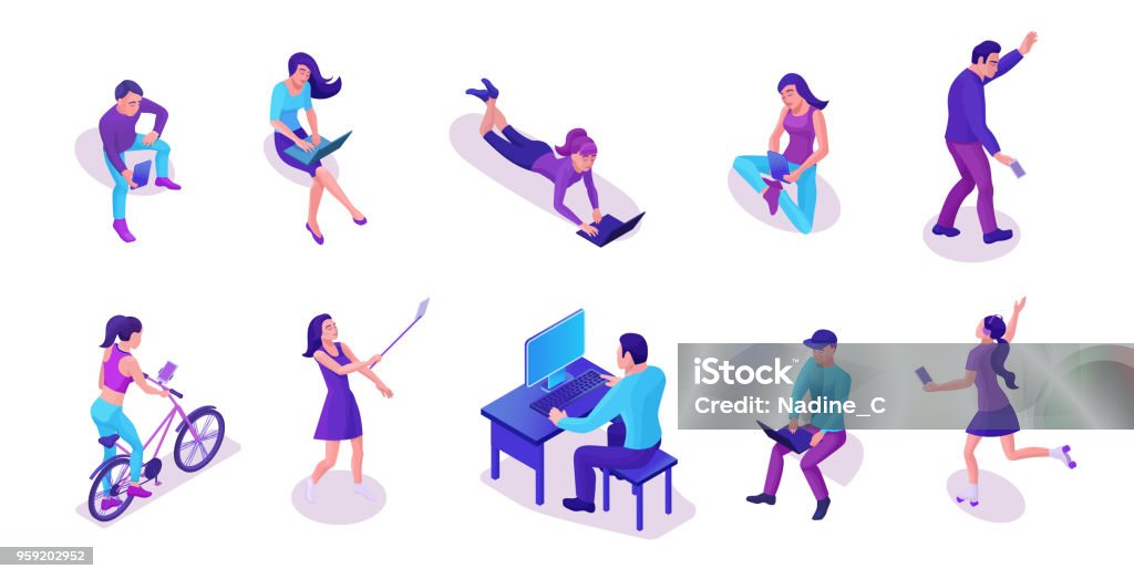 Modern isometric people set with gadgets, talking by smartphone, using message service, taking selfie, working with laptop, trendy 3d men and girls in violet colors People stock vector