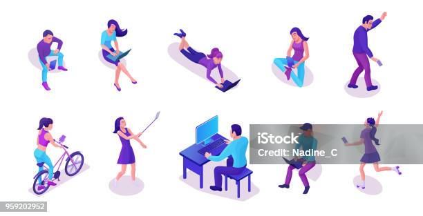 Modern Isometric People Set With Gadgets Talking By Smartphone Using Message Service Taking Selfie Working With Laptop Trendy 3d Men And Girls In Violet Colors Stock Illustration - Download Image Now