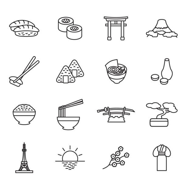 japanische dünne linie-icon-set. symbole zu skizzieren. vektor. - japan tokyo tower tokyo prefecture tower stock-grafiken, -clipart, -cartoons und -symbole