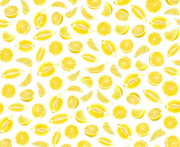 istock Fresh yellow lemon photographic pattern. Lemon wallpaper. Isolated on white background 959203562