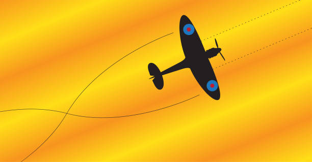 Spitfire Silhouette Fighting A spitfire silhouette firing all weapons on a colourful background raf stock illustrations