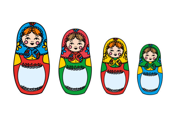 традиционная русская кукла-матрешка, изолированная на белом фоне - wood toy babushka isolated on white stock illustrations