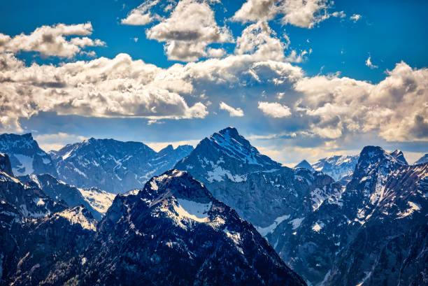 panoramic view of the rocky mountain peaks with some snow