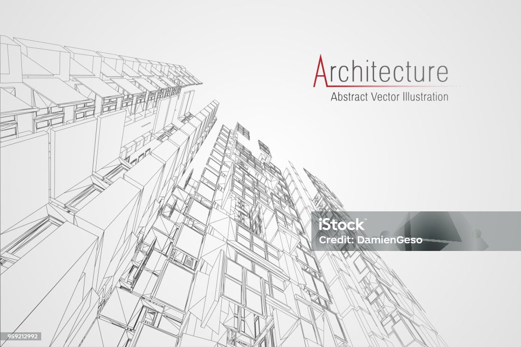 Modern architecture wireframe. Concept of urban wireframe. Wireframe building illustration of architecture CAD drawing Modern architecture wireframe. Concept of urban wireframe. Wireframe building illustration of architecture drawing. Plan - Document stock vector