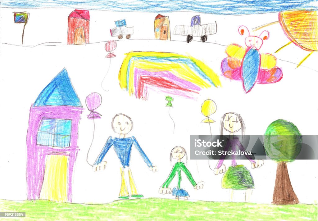 Child's drawing a happy family Child's drawing a happy family for a walk Child stock illustration