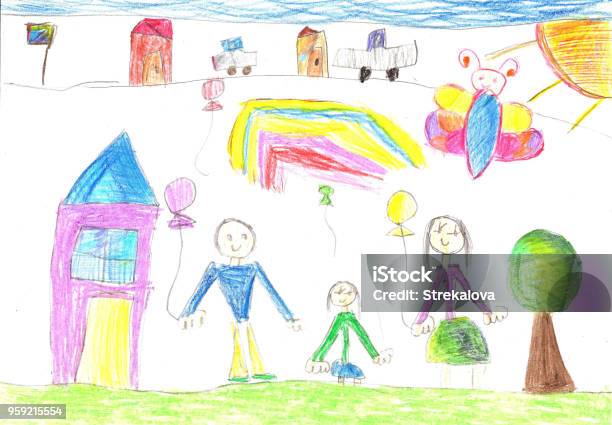 Childs Drawing A Happy Family Stock Illustration - Download Image Now - Child, Drawing - Art Product, Art