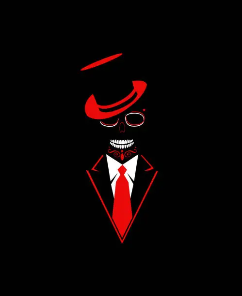 Vector illustration of Skull icon with cylinder hat and red tie vector