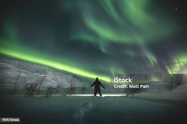 Northern Lights Over Riksgransen Sweden Stock Photo - Download Image Now - Riksgransen, Aurora Borealis, Snow