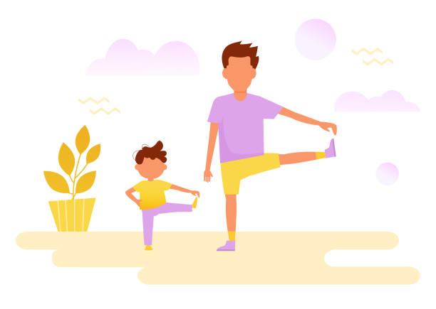 tata i syn. sportowy wektor - soccer action child purple stock illustrations
