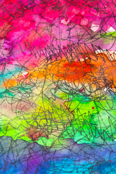 istock Vibrant Rainbow Expressionist Watercolour Abstract paint and Black Ink Pen for background 959219952