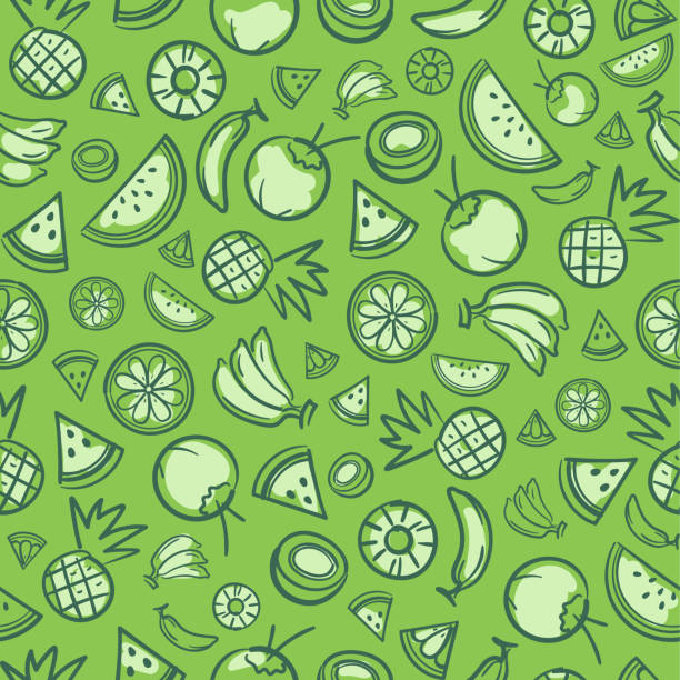 ilustrações de stock, clip art, desenhos animados e ícones de sketch mixed tropical fruits seamless summer pattern background vector format - gift orange green package