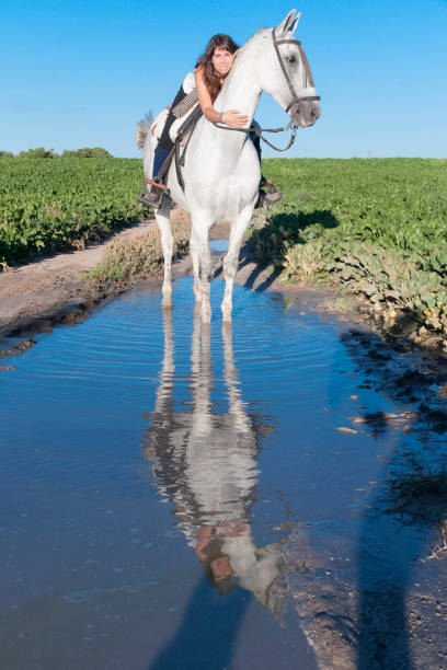 Young woman mounting astride
