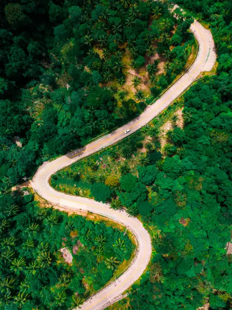 Photo of view of the zig zag road in the jungle view from the drone