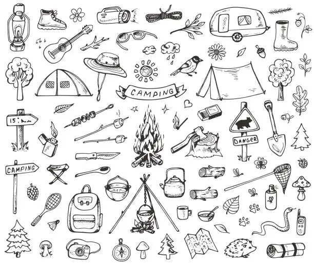 Vector illustration of Set of forest camping icons