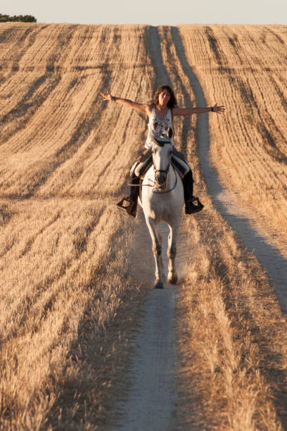 A woman rides a horse during a beautiful sunset surrounded by natural fields, highlighting the tranquility and connection with nature.