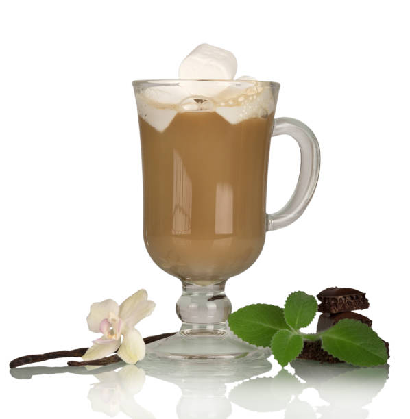 glasschale mit cappuccino und marshmallow, nächste vanilleschote, minze und schokolade isoliert auf weiss - vanilla spice pod isolated stock-fotos und bilder
