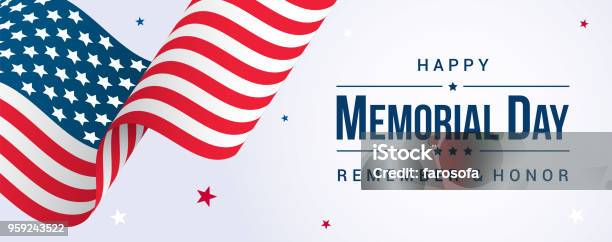 Memorial Day Banner Vector Illustration Usa Flag Waving With Stars On Bright Background Stock Illustration - Download Image Now