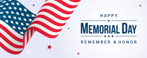 Vector illustration of Memorial Day Banner Vector illustration, USA flag waving with stars on bright background.
