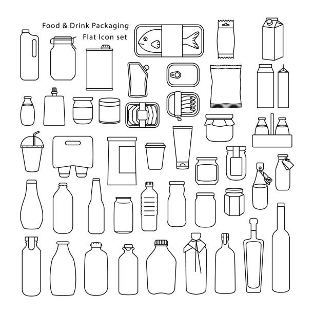 ilustrações de stock, clip art, desenhos animados e ícones de food and drink packaging icon set - food and drink industry