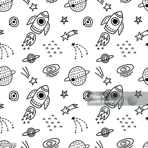 Hand Drawn Outer Space Seamless Pattern Stock Illustration - Download Image Now - Comet, Doodle, Solar System