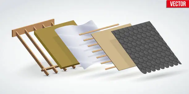 Vector illustration of Bitumen shingles roofing cover and layers