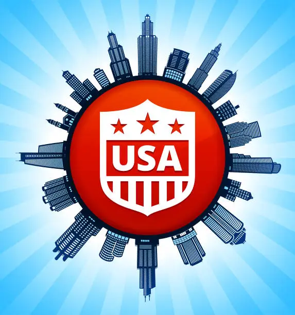 Vector illustration of USA Shield on Modern Cityscape Skyline Background