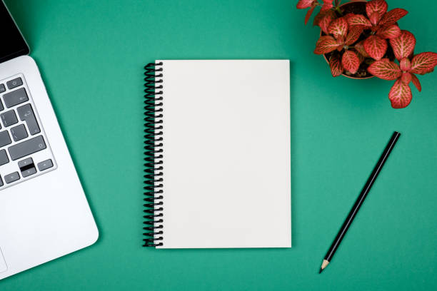 istock Minimal workplace with laptop and blank notepad on colored background. Top view. Flat lay 959251618