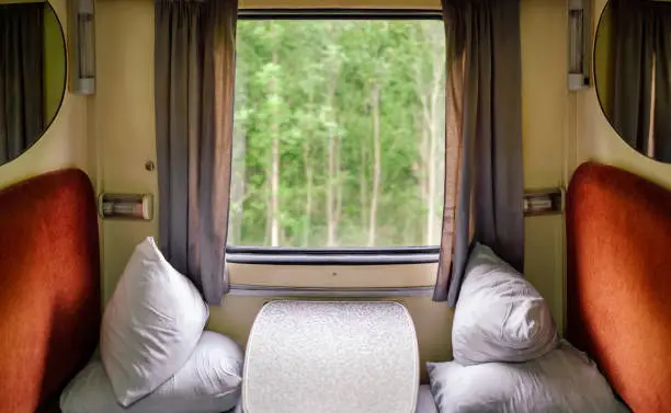 Interior of a first-class wagon compartment  for two passengers. Long distance train. Ukraine. Concept of traveling and tourism.