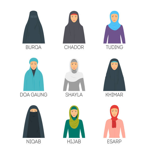 illustrazioni stock, clip art, cartoni animati e icone di tendenza di cartoon hijab type signs color icons set. vettore - milfeh