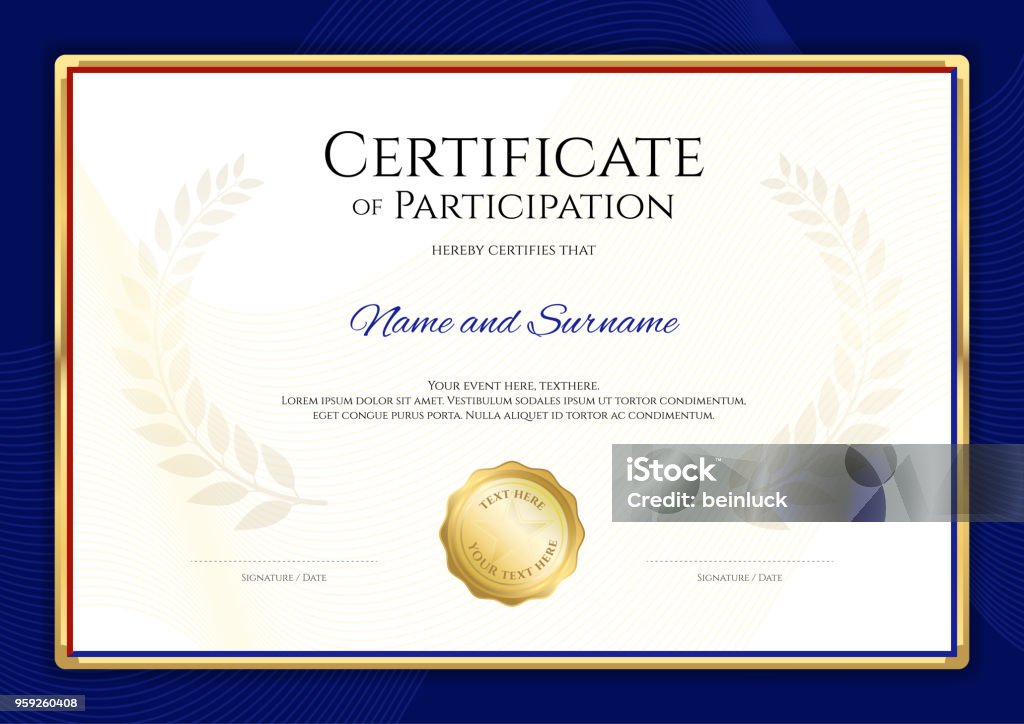 Modèle de certificat dans le thème du sport avec cadre bordure bleue, conception de diplôme - clipart vectoriel de Certificat libre de droits