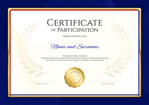 Certificate template in sport theme with blue border frame, Diploma design
