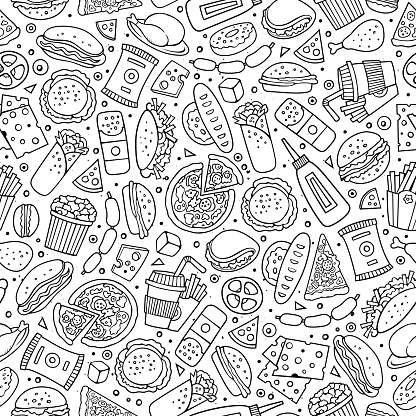 Cartoon cute hand drawn Fast food seamless pattern. Line art with lots of objects background. Endless funny vector illustration. Sketch backdrop with fastfood symbols and items