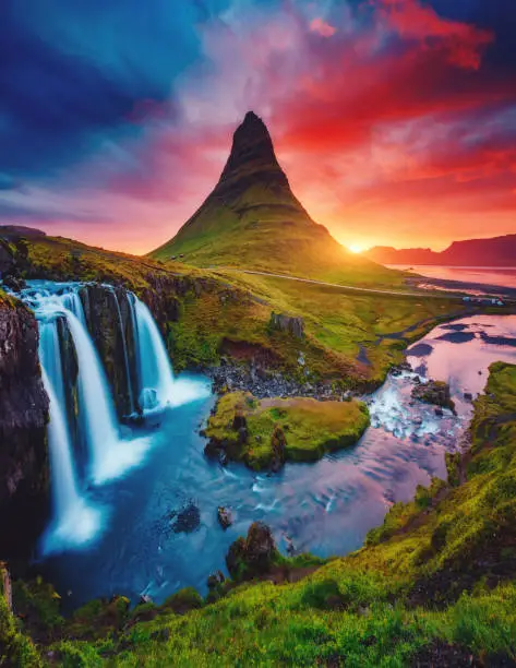 Photo of Location famous Kirkjufellsfoss waterfall, Iceland, Europe.