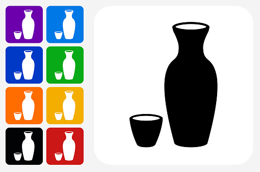 Sake Drink Icon Square Button Set. The icon is in black on a white square with rounded corners. The are eight alternative button options on the left in purple, blue, navy, green, orange, yellow, black and red colors. The icon is in white against these vibrant backgrounds. The illustration is flat and will work well both online and in print.