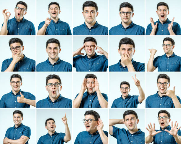 istock Set of young man's portraits with different emotions and gestures isolated 959275156