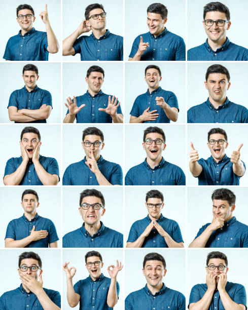 istock Set of young man's portraits with different emotions and gestures isolated 959275536