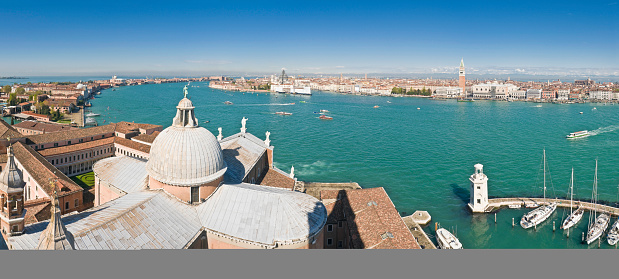 Venice, Italy - August 30, 2019:  A view of Grand Canal in Venice in a sunny August day.