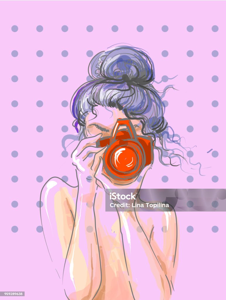 Vẽ Tay Cô Gái Xinh Đẹp Dễ Thương Với Máy Ảnh Trong Tay Hình Minh ...