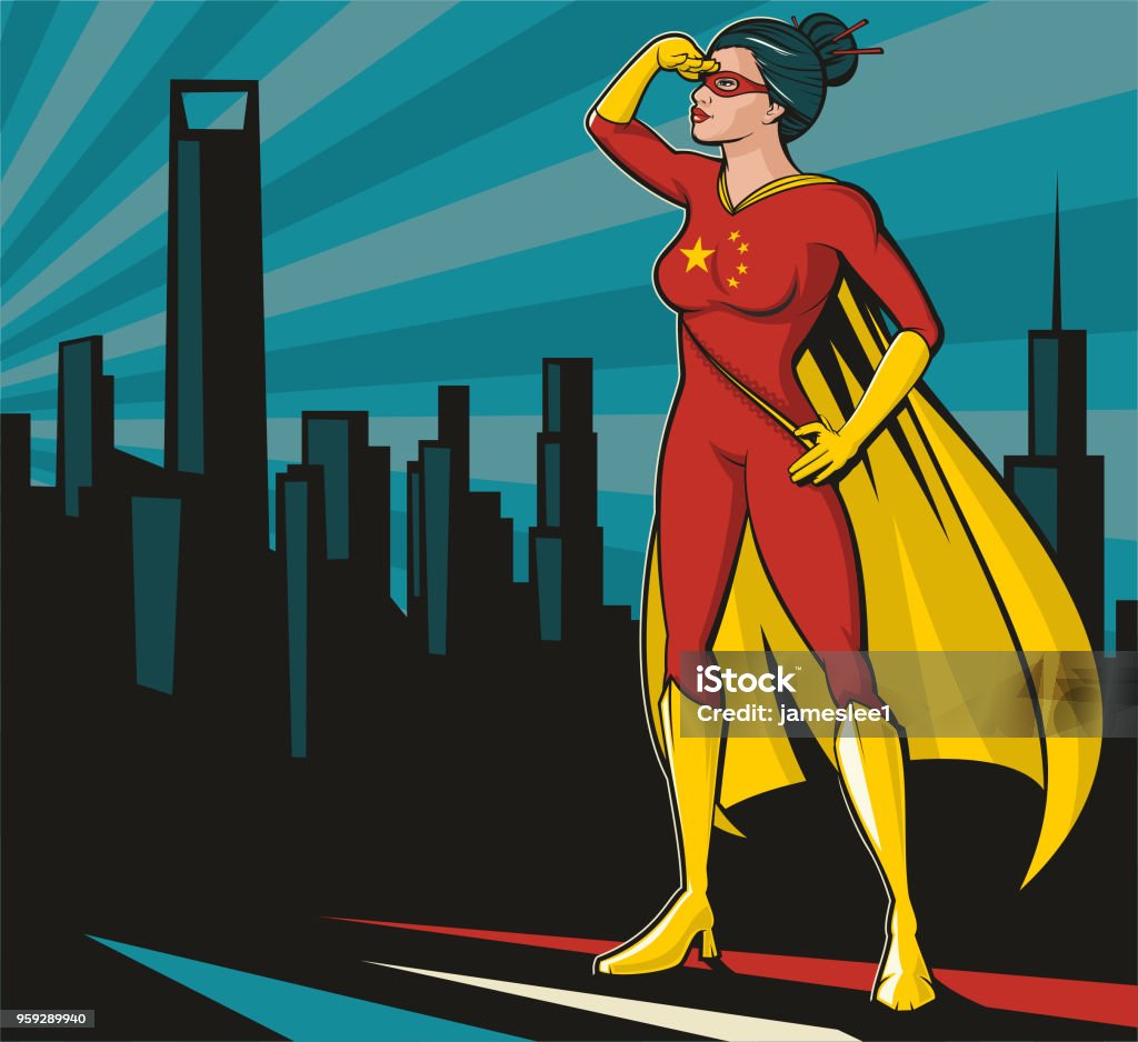 Chinese Super Hero A beautiful Chinese super hero Looks out over the skyline. She's ready for action. Pop art comic book style vector illustration. Fully editable. Superhero stock vector