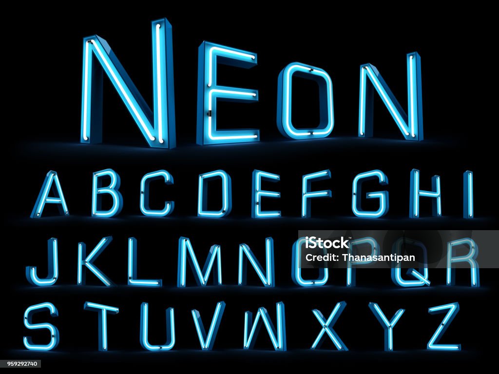 Neon light alphabet 3d rendering Neon light alphabet 3d rendering on black blackground Neon Lighting Stock Photo