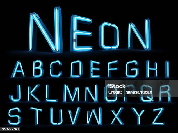Neon Light Alphabet 3d Rendering Stock Photo - Download Image Now - Neon Lighting, Text, Typescript