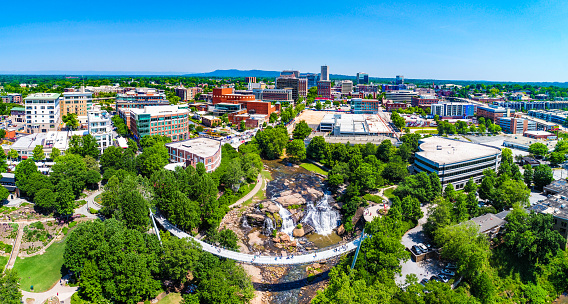 Drone city aerial image of downtown Greenville South Carolina SC.