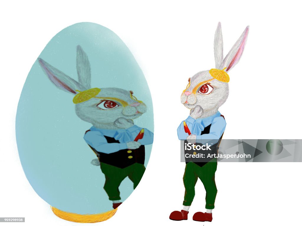 bunny in front of the mirror rabbit dressed in suit, standing in front of the mirror considers something. Animal stock illustration