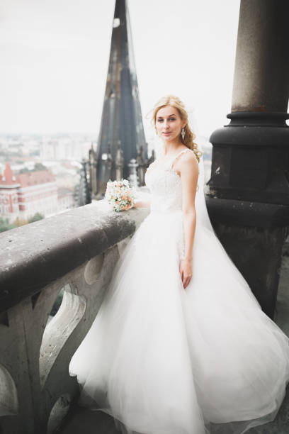 istock Beautiful luxury bride in elegant white dress 959301204