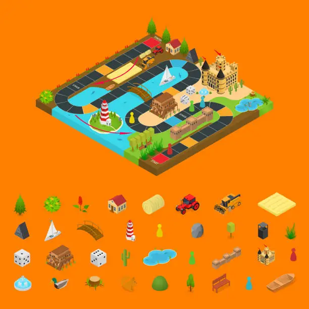 Vector illustration of Board Game Concept and Elements 3d Isometric View. Vector