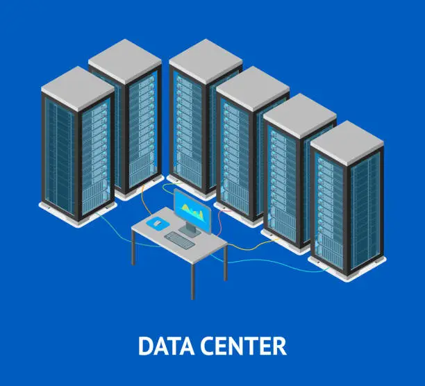 Vector illustration of Data Center Poster Card Isometric View. Vector