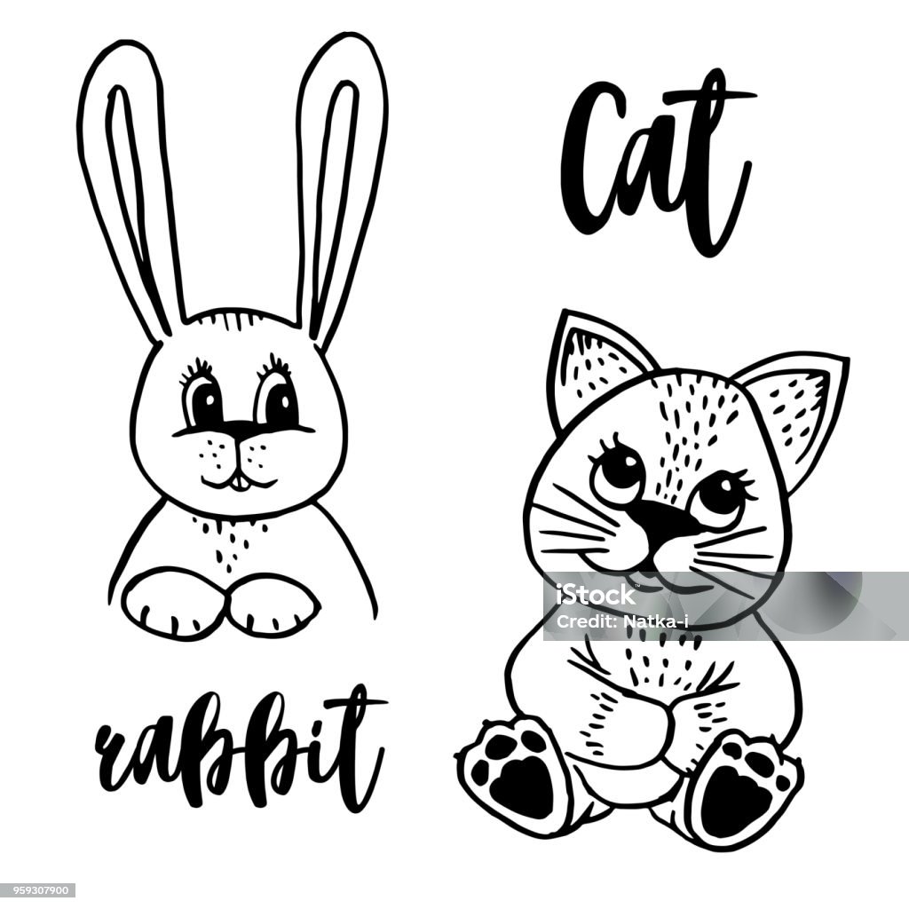 Cat Dotted Rabbit Doodle Cat And Rabbit Stock Illustration - Download Image Now - Animal ...