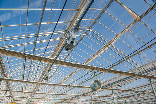 glass roof with fan in modern greenhouse